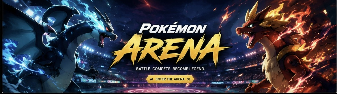 A shadow dragon and a blazing dragon face off across the Pokemon Arena stadium
